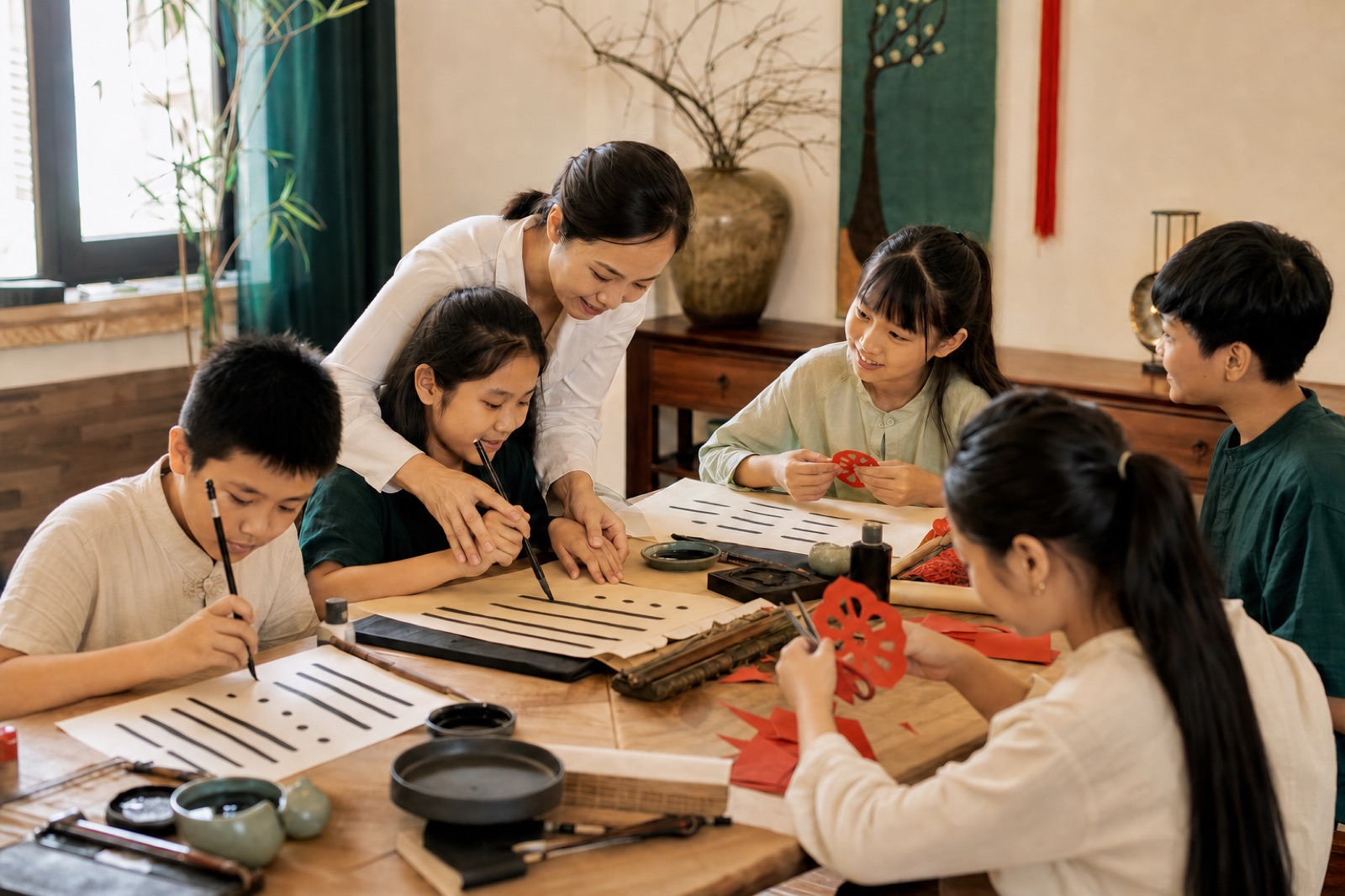 Hình ảnh minh hoạ học sinh tham gia xưởng trải nghiệm văn hoá Trung Hoa